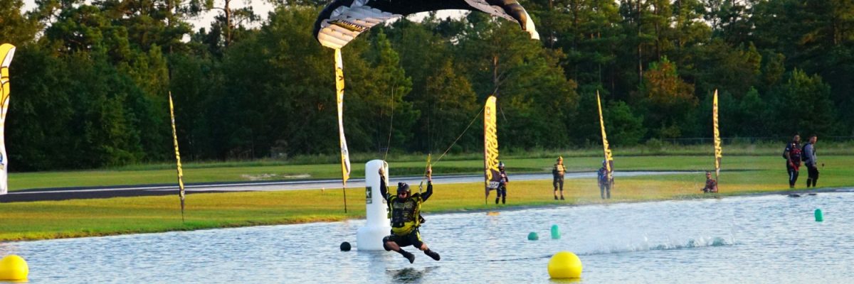 competitor makes swooping landing skydiving