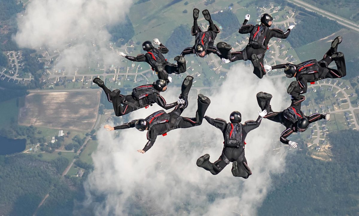 belly skydivers in a formation