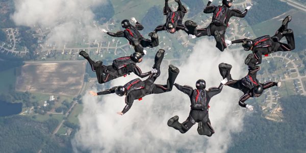 belly skydivers in a formation