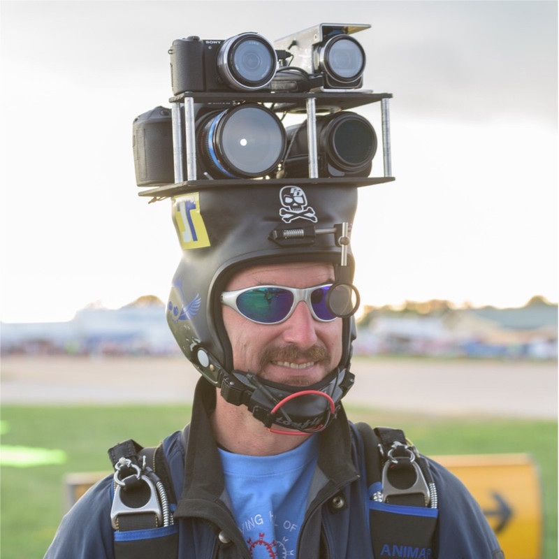 Multiple cameras on camera helmet for skydiver 