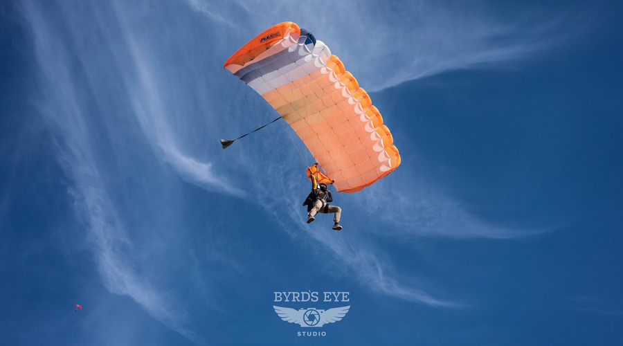 Anthony Armendariz parachuting while learning to skydive