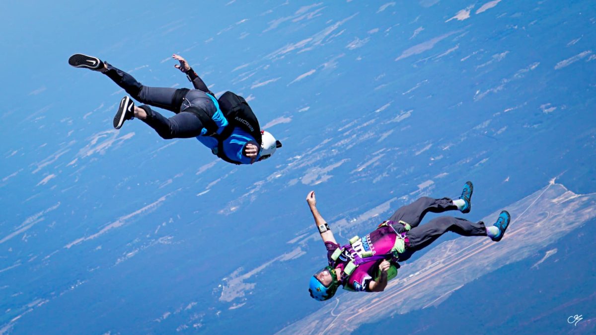 Two skydivers freeflying in a head down and head up orientation. 