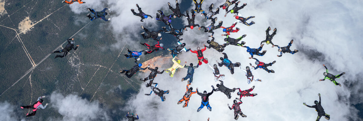 Large group of belly skydivers in a formation for the NC State Record attept.