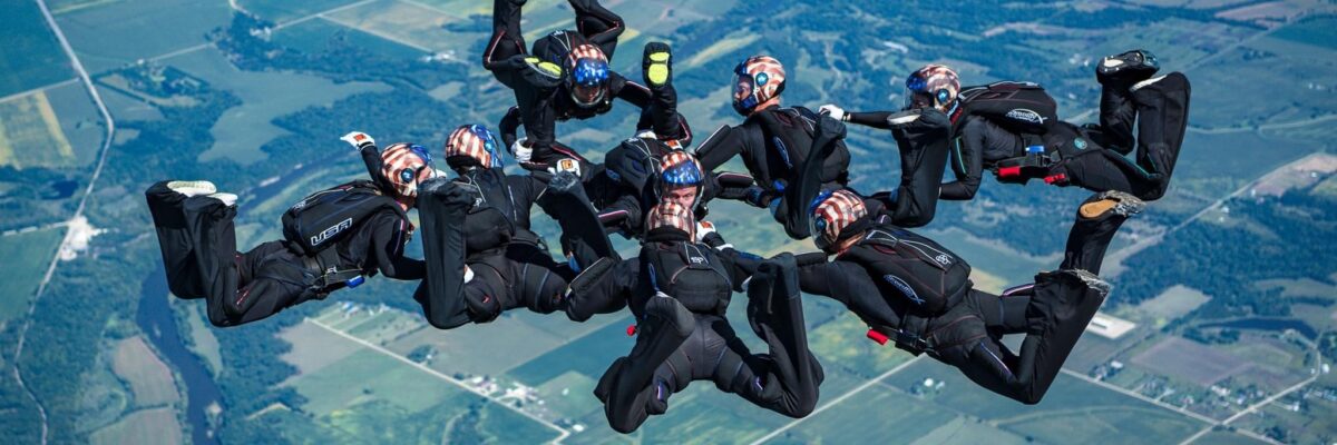 An 8-way RW skydiving team in a formation.